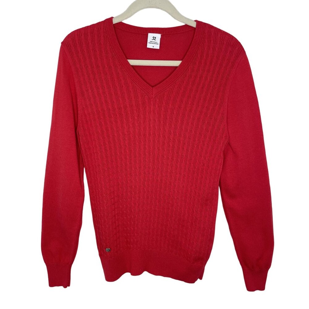 Daily Sports Red Cable Knit V-Neck Sweater, M
